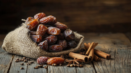 Pile of dried dates on a burlap sack with cinnamon sticks and cloves, set against a rustic wooden background, ideal for a warm, autumn settingの素材