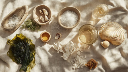 An array of natural spa products inspired by the sea, featuring seaweed, sea salt, shells, and oils, arranged aesthetically on a light-colored fabric.の素材