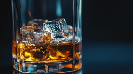 Low-angle shot of whiskey glass with ice, capturing the rich golden color of the liquid, with a black background adding dramaの素材