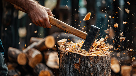 Close-up of hands chopping firewood with an axe, with wood chips flying and logs splitting, highlighting the strength and skill required for this rustic taskの素材