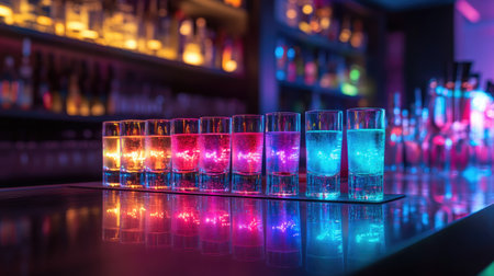 Row of glowing neon shooters on a wedding reception bar, illuminated by vibrant lights and reflections on the glass counterの素材