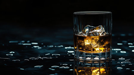 Single whiskey glass with ice, placed on a black reflective surface, selective focus on the golden liquid and melting iceの素材