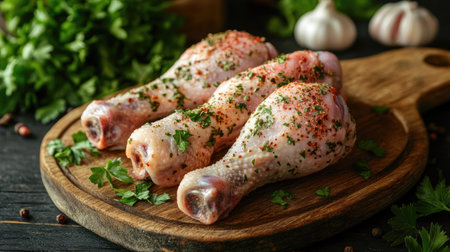 Raw chicken drumsticks marinated with a mix of herbs and spices, arranged on a wooden board with a background of fresh ingredients like garlic and parsleyの素材