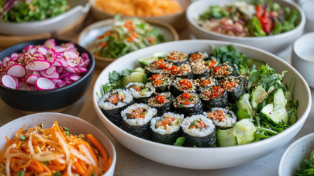 Vegan Korean meal spread featuring fresh vegetable salads, gimbap rolls, and assorted side dishes like seasoned spinach, bean sprouts, and pickled radishesの素材