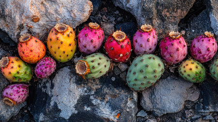 Close-up of Opuntia ficus-indica fruits, also known as cactus pears, with vibrant colors and textured surfaces, growing on a cactus pad surrounded by rocky groundの素材