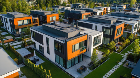 Aerial view of a modern residential neighborhood with rows of contemporary townhouses featuring flat roofs, large windows, and vibrant facadesの素材