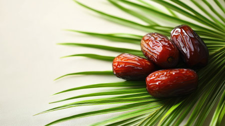 Fresh dates on a palm leaf, set against a light, airy background, emphasizing their natural connection to tropical regions and their fresh appealの素材