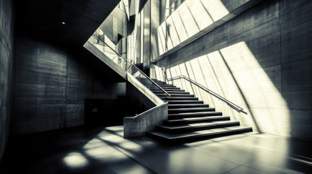 Dramatic lighting on a "V"-shaped staircase in a modern building, with shadows creating an artistic and architectural photographの素材