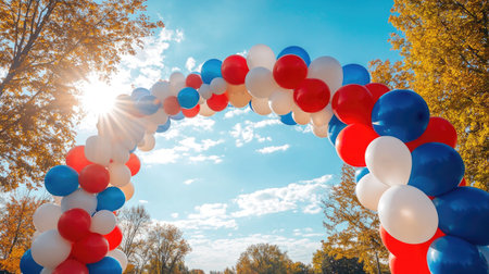 A vibrant red, white, and blue balloon arch stands tall in a sunny park, perfect for a patriotic celebration or outdoor event.の素材