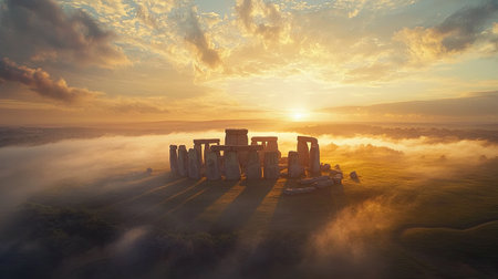 A wide-angle view of Stonehenge at dawn, with the morning mist rolling over the landscape and the stones lit by the gentle rays of the rising sunの素材
