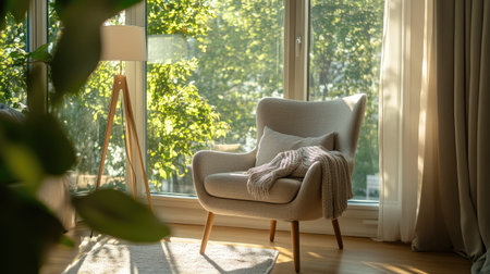 Cozy reading nook in a modern home with a comfortable armchair, floor lamp, and large window, creating a serene space for a real estate shootの素材