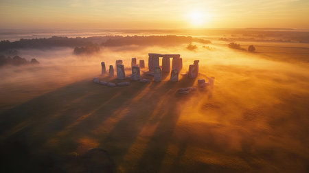 A wide-angle view of Stonehenge at dawn, with the morning mist rolling over the landscape and the stones lit by the gentle rays of the rising sunの素材