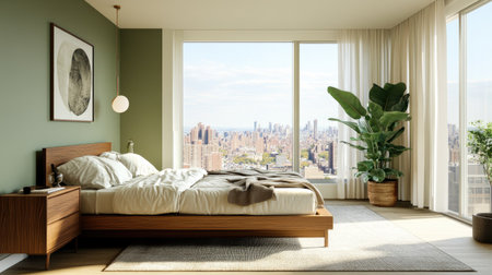 Modern condo bedroom in Brooklyn with a sage green feature wall, maple wood bed frame, and large windows showcasing breathtaking views of upper Manhattan, New Yorkの素材