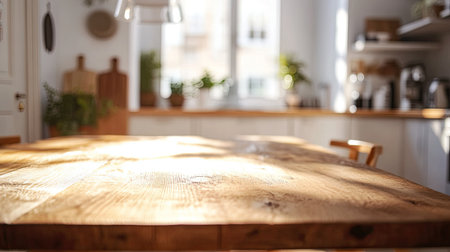 Wooden kitchen table surface in a bright, clean home interior with bokeh lighting. Perfect for product display, dining setups, or as a background for food photography.の素材