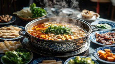 A Chongqing hot pot setup with boiling spicy butter broth in a metal pot, surrounded by plates of raw ingredients like lotus root, beef tripe, and leafy greensの素材