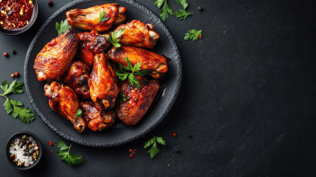 A plate of juicy roasted chicken wings, arranged beautifully on a black stone background, viewed from above. Capturing the essence of delicious, hearty cuisineの素材