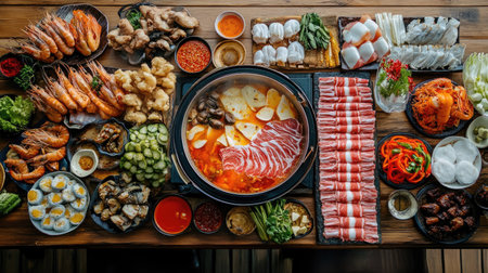 A beautifully arranged table with a hot pot at the center, surrounded by colorful platters of sliced meats, seafood, vegetables, and assorted sauces for dippingの素材