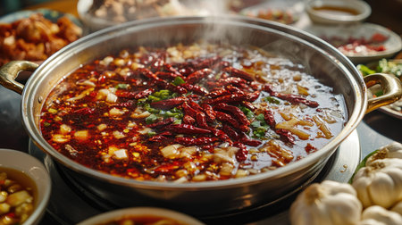 A close-up of a steaming Sichuan hot pot, showcasing the deep red broth filled with whole chili peppers, garlic cloves, and peppercorns, with a variety of side dishes around itの素材