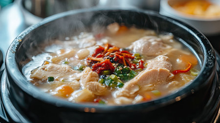 A close-up shot of Samgyetang, the warm ginseng chicken soup, bubbling in a black stone bowl, capturing the essence of Korean summer cuisine cultureの素材