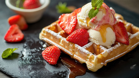 A freshly made Belgian waffle topped with ripe strawberries and ice cream, drizzled with honey and served with a mint garnish, on a dark slate surface.の素材