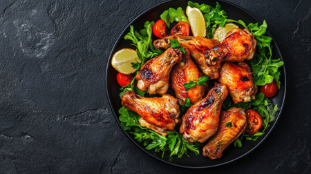 A plate of juicy roasted chicken wings, arranged beautifully on a black stone background, viewed from above. Capturing the essence of delicious, hearty cuisineの素材