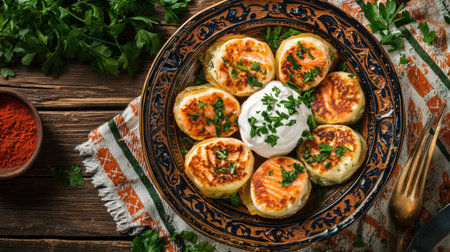 A plate of savory blinchiki filled with salmon and topped with sour cream, surrounded by fresh herbs on a rustic wooden background. A delicious feast for Maslenitsaの素材