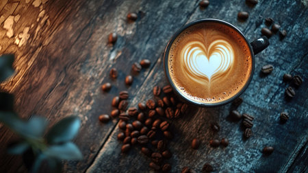 A rustic coffee setup with a latte cup, heart-shaped art, and coffee beans artfully spread out on a distressed wooden table, capturing a cozy, inviting sceneの素材