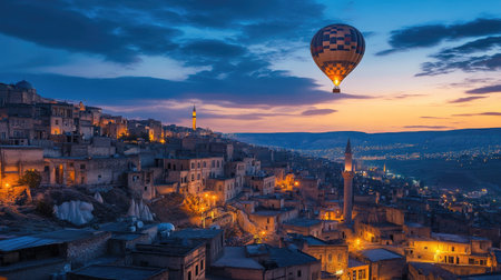 A hot air balloon hovers above the old town of Mardin, Turkey, during the blue hour, with the historic city bathed in twilight hues.の素材