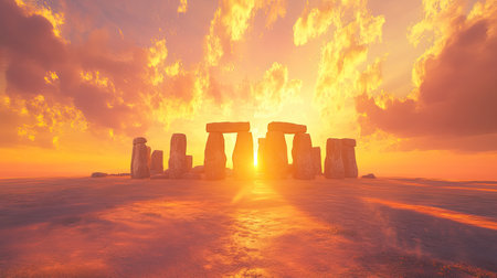 A panoramic view of Stonehenge at sunset, with the sun dipping below the horizon and the sky ablaze with fiery colors, emphasizing the monument's timeless majestyの素材