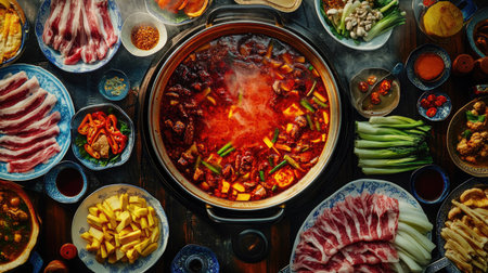 A festive table setting with a Sichuan hot pot in the center, with vibrant red chili oil bubbling, surrounded by colorful plates of sliced meats, vegetables, and dipping saucesの素材