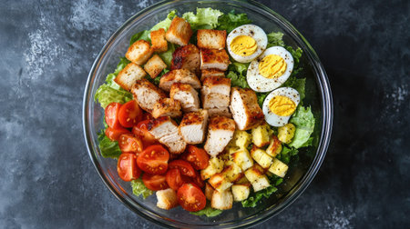 A top-down view of a Caesar salad in a clear glass bowl, showcasing fresh lettuce, diced tomatoes, halved boiled eggs, and seasoned grilled chicken, with croutons on topの素材