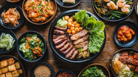 A traditional Korean meal featuring braised pork, a bowl of slush, and a variety of colorful side dishes, including salted shrimp and fresh lettuce, set on a wooden tableの素材