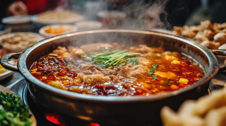A traditional Chinese restaurant scene featuring a Sichuan hot pot with a spicy, aromatic broth, surrounded by diners enjoying an array of fresh and flavorful ingredientsの素材