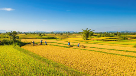 A sweeping view of Vietnamese farmers working together to harvest rice in expansive fields, with neat rows of golden crops and a clear, cloudless skyの素材