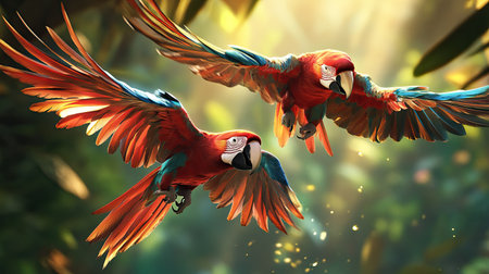 A close-up of two red macaws flying side by side, their colorful feathers shimmering in the sunlight.の素材