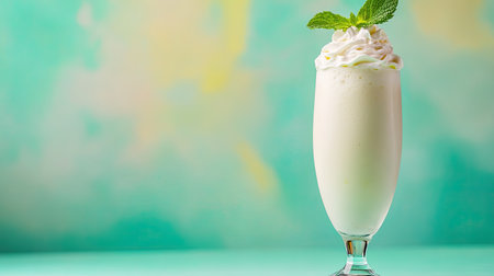A tall glass of boozy frozen mint milkshake with whipped cream and a sprig of mint on top, on a pastel background, perfect for a summer drink photo or menu coverの素材