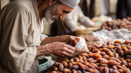 A farmer packaging dates into small bags for sale.の素材