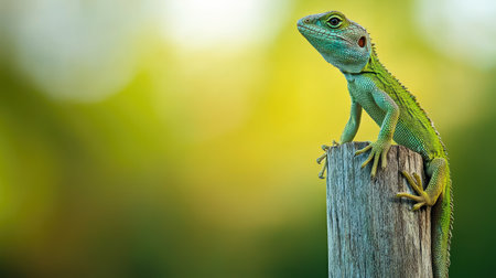 A Common Green forest lizard stretching its limbs on a wooden pole, showcasing its flexibility and agility.の素材