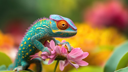 A Chameleon Panther perched on a flower, its bright colors contrasting beautifully with the delicate petals.の素材