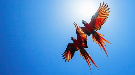 A pair of scarlet macaws soaring through the air, their wings outstretched and silhouetted against the bright blue sky.の素材