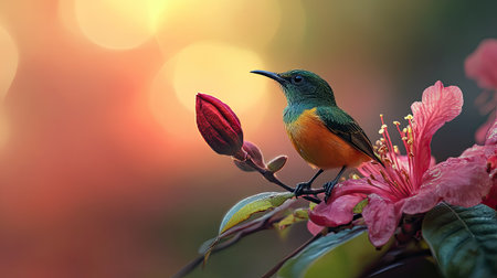 A Green-tailed sunbird perched on a fallen azalea Phohodendron flower, its small form dwarfed by the larger bloom.の素材