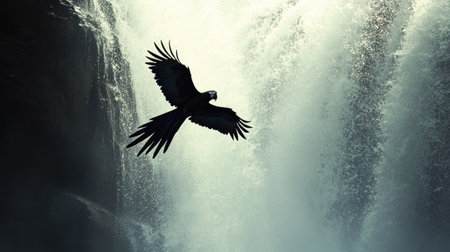 A parrot flying through the air, its wings outstretched and silhouetted against the backdrop of a majestic waterfall.の素材