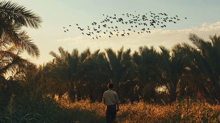 A farmer standing in a field of date palm trees, with a flock of birds flying overhead.の素材