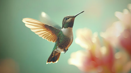 A hummingbird hovering in mid-air, its wings beating so rapidly that they appear to be a blur.の素材