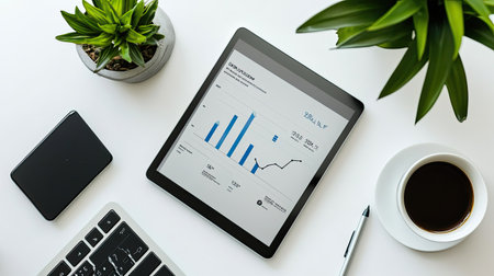 A minimalist workspace with a sleek tablet showing a simple yet informative business graph and key data points.の素材
