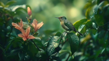 A Green-tailed sunbird perched on a branch of an azalea Phohodendron tree, its small body nestled amidst the lush green foliage.の素材