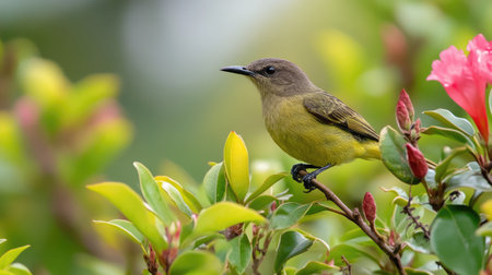 A Green-tailed sunbird perched on a branch of an azalea Phohodendron tree, its small body nestled amidst the lush green foliage.の素材