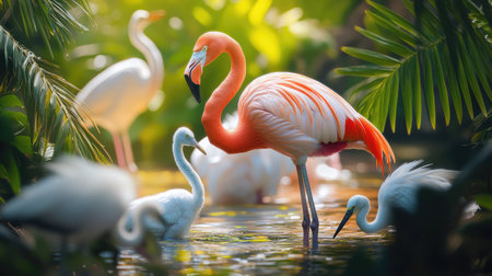 A flamingo interacting with other birds in its natural habitat, such as egrets or herons.の素材