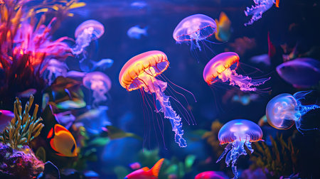 A stunning display of glowing jellyfish and tropical fish swimming in an aquarium, with neon lights highlighting their delicate, translucent bodiesの素材