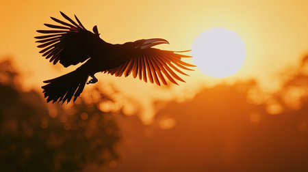 A Hornbill flying through the air, its wings outstretched and silhouetted against the setting sun.の素材